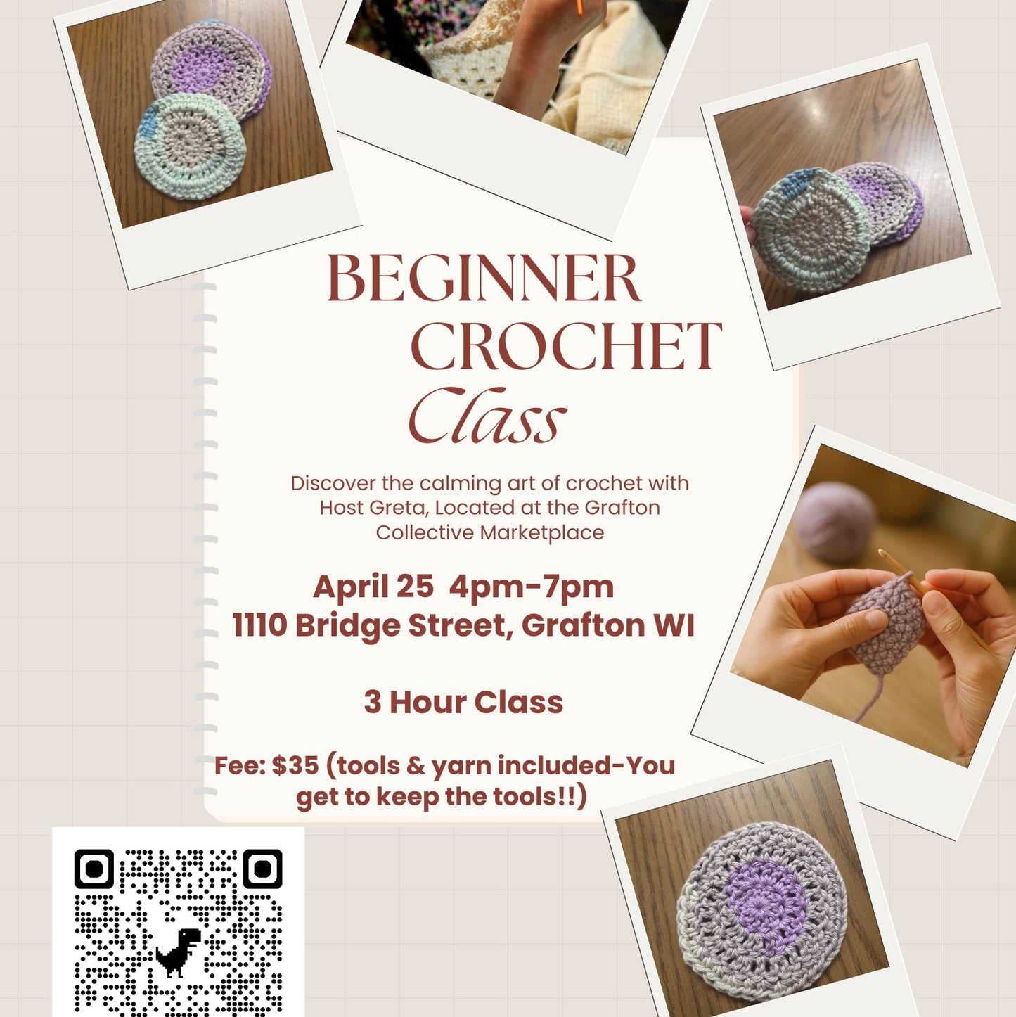 4pm-7pm $35: Beginners Crochet Class: Hosted by Greta - 25 Apr 2026
